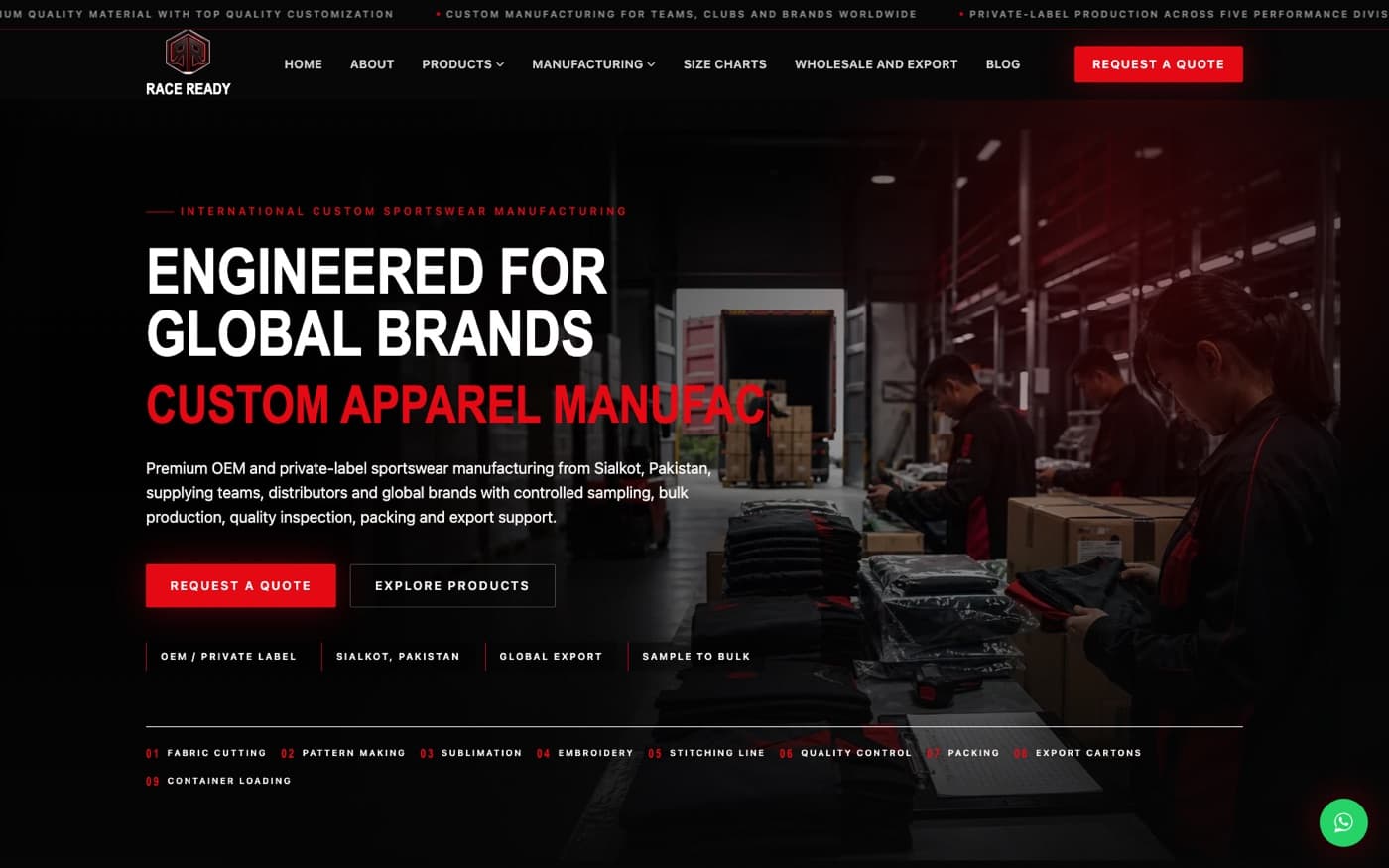 Race Ready Industry homepage — international custom sportswear and private-label manufacturing