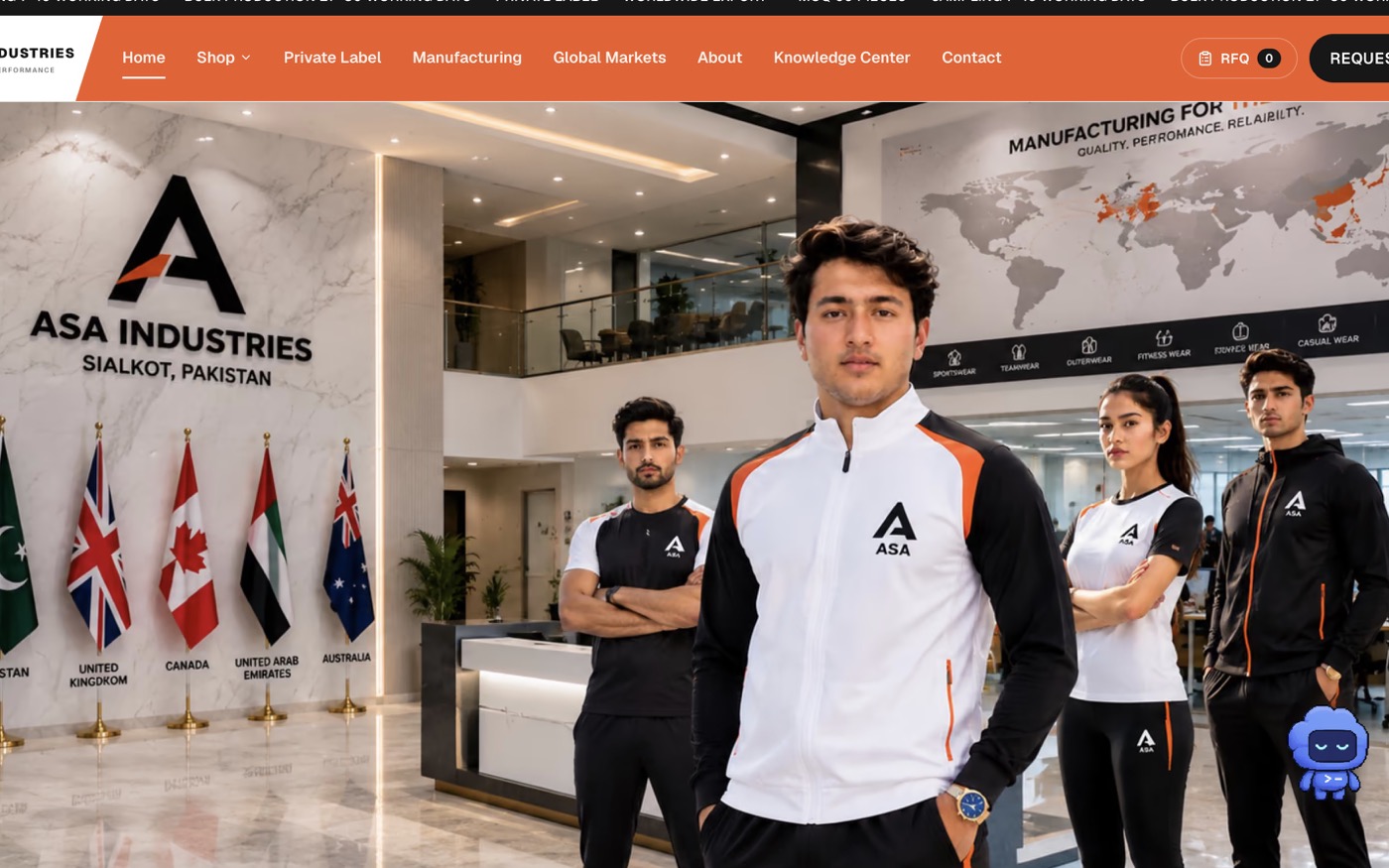 ASA Industries homepage — custom sportswear and private-label manufacturing website based in Sialkot